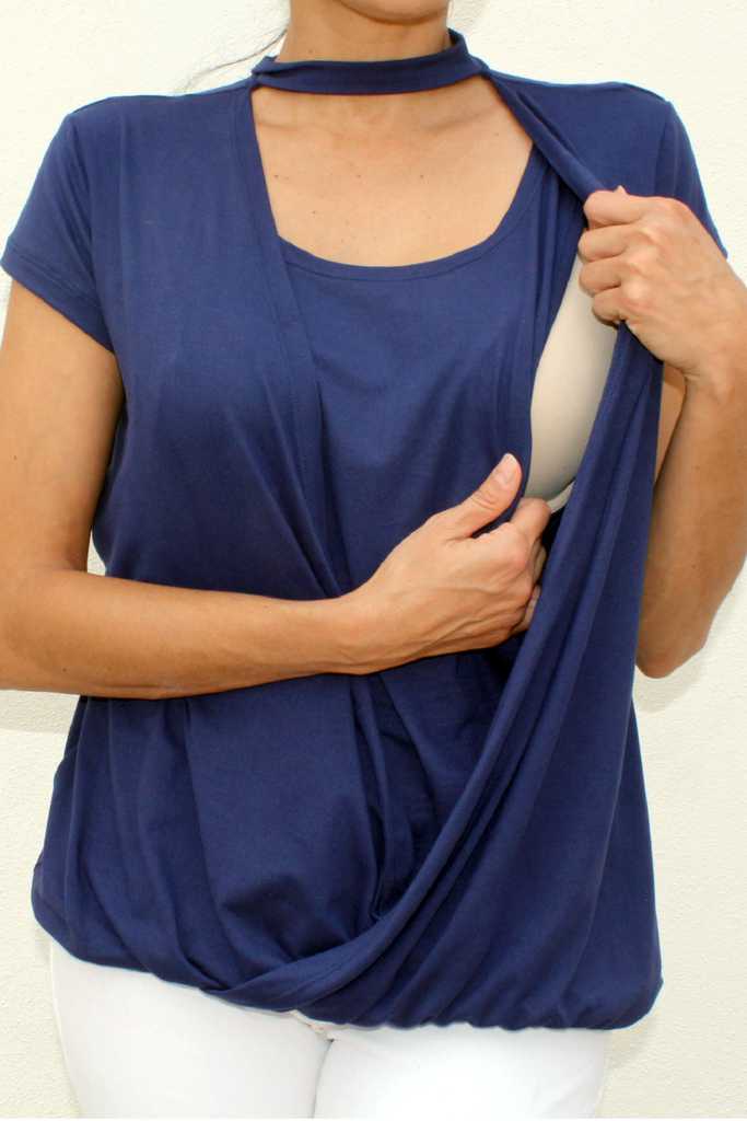 Blusa gargantilla para embarazo y lactancia azul marino (Brushed)