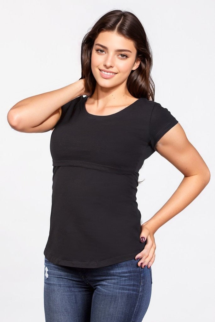 Blusa para lactancia open neck color negro en algodón | Coco Maternity