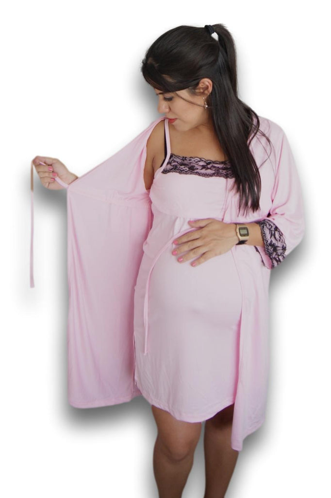 Set bata camisón para lactancia y embarazo color Rosa baby encaje negro Coco Maternity