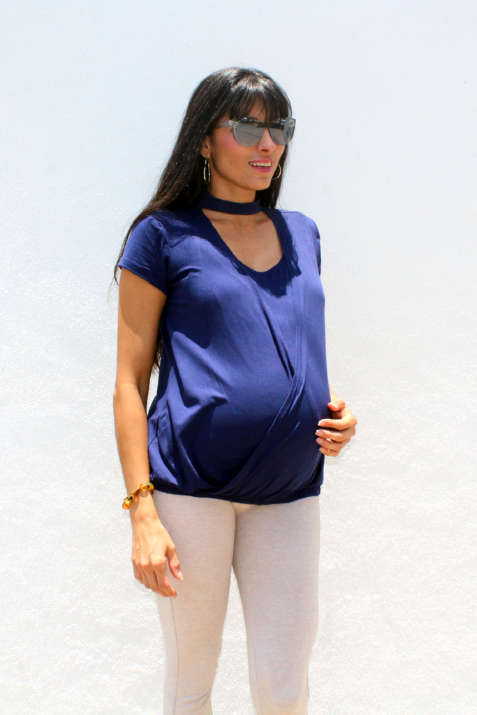 Blusa gargantilla para embarazo y lactancia azul marino (Brushed)