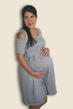 Vestido para Lactancia Hombro Descubierto Manga Corta Gris Jaspe
